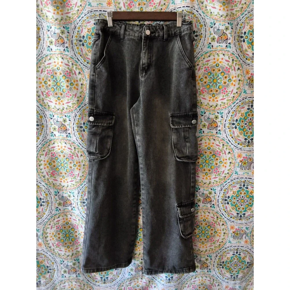Justify Cargo Jeans Junior Girls Small Black Wide Leg Paper-Bag Waist Streetwear